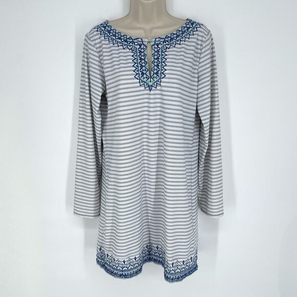 Cabana Life Embroidered Shift Dress Sz L White Blue Stripe Long Sleeves Stretchy - Picture 1 of 10
